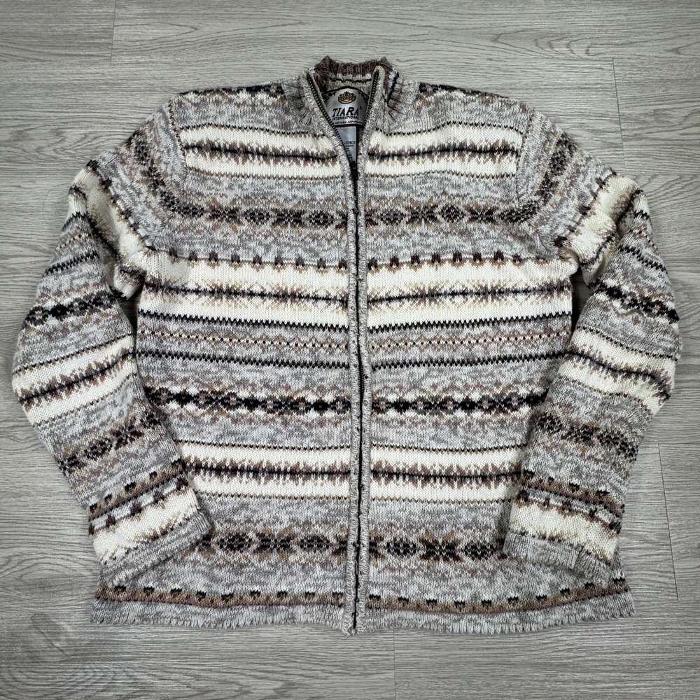 Tiara International Women's Cardigan Sweater Fair Isle‎ Full Zip Brown Small